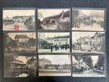 several old black and white photographs of people and vehicles on a street
