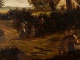 a painting of a group of people walking down a dirt road