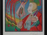 tableau représentant un homme et une femme vêtue d'un manteau rouge et tenant un éventail