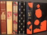 several books are lined up in a row on a table