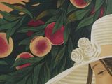 a painting of a woman wearing a hat in front of a peach tree