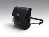 un petit sac à main noir muni d'une chaîne dorée, sur fond blanc