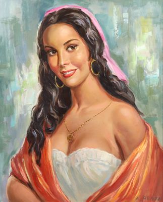 une peinture à l'huile représentant une femme vêtue d'une robe blanche et d'un foulard rose