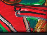 abstract painting of a woman with a red hat and a red scarf