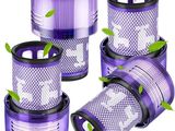 quatre filtres à air violets ornés de feuilles vertes, sur fond blanc