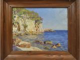an oil painting of a rocky beach with a cliff in the background