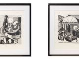 two framed black and white drawings of a woman and a man