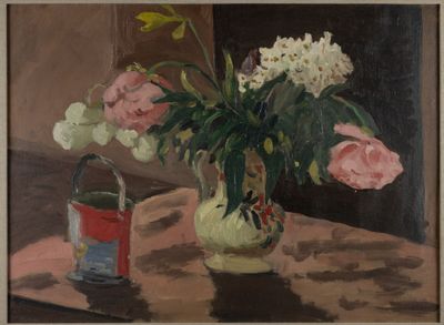 a painting of flowers in a vase on a table