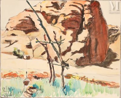 peinture représentant un arbre solitaire devant un affleurement rocheux