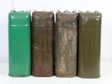 four green and brown metal containers lined up against a white background