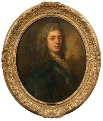 a painting of a man with long hair wearing a green coat