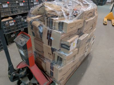 a large stack of boxes on a pallet in a warehouse