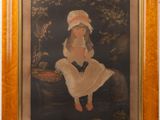 tableau représentant une femme en robe blanche et chapeau, assise sur un banc