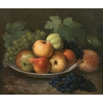 une peinture représentant une coupe de fruits sur une table