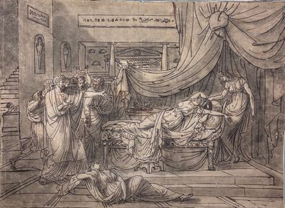 an old drawing of a man laying on a bed in a room