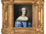 a painting of a woman in a blue dress with a gold frame