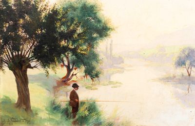 un tableau représentant un homme en train de pêcher dans une rivière