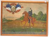 a painting of a man riding a horse in a field