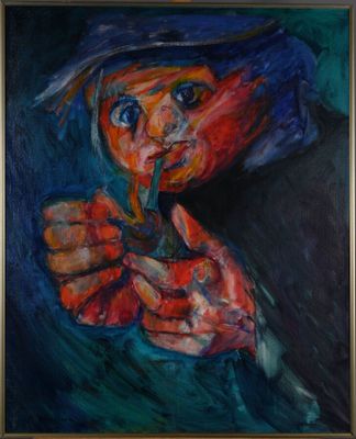 a painting of a woman with a blue hat holding a cigarette in her hand