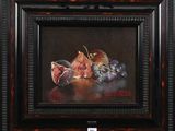 a painting of figs and grapes on a black background