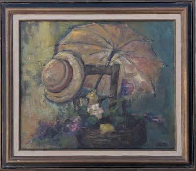 une peinture à l'huile représentant un panier de fleurs, un chapeau et un parapluie