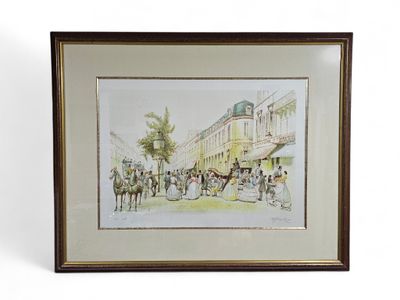 painting of a street scene with a horse drawn carriage in the foreground
