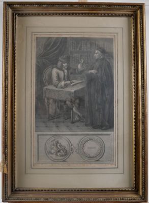 an old picture of a man and a woman sitting at a table