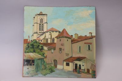 tableau représentant un tableau d'un bâtiment avec une tour horloge en arrière-plan