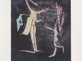 painting of a woman holding an umbrella standing next to a man
