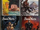 three books of the saga valta series are on a table