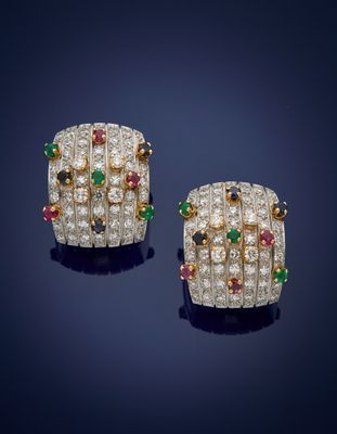 a pair of diamond, emerald and ruby earrings