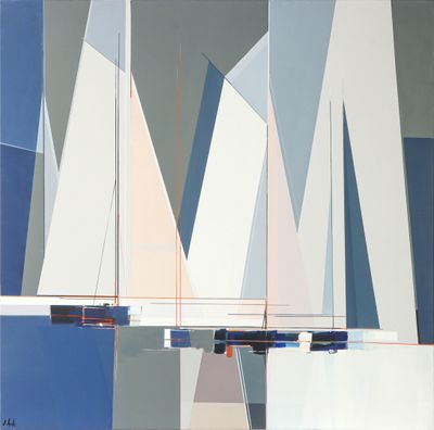 a painting of sailboats on the water with mountains in the background
