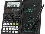 a calculator and a pen on a white background