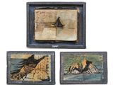 three framed pictures of a bird sitting on top of a rock next to water
