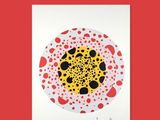a picture of a picture of a yellow and black dot on a red background