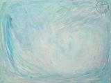abstract painting of a blue and white square with a cross on it