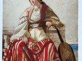 tableau représentant une femme vêtue d'une robe rayée rouge et blanche, assise sur un banc