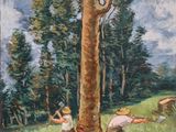 tableau représentant deux hommes travaillant dans un champ, avec un arbre en arrière-plan