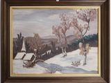 une peinture à l'huile représentant un paysage enneigé avec une maison au premier plan