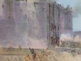 painting of a military scene with a large castle in the background