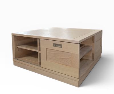 an image of a wooden coffee table with drawers