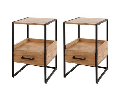 a pair of wooden nightstand tables with metal legs and drawers