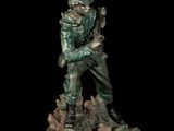 bronze statue of a soldier with a gun on a black background