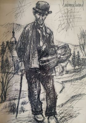 drawing of a man with a hat and a cane standing in a field