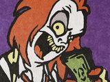 cartoon drawing of a clown holding a dollar bill in one hand and a knife in the other