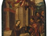 an image of a painting of a group of people sitting around a manger