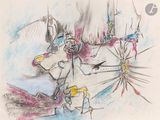 dessin représentant un homme à cheval avec un oiseau sur le dos