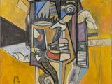 une peinture abstraite représentant un vase dans lequel se trouve un oiseau