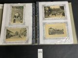 an old photo album with pictures of people and buildings on it