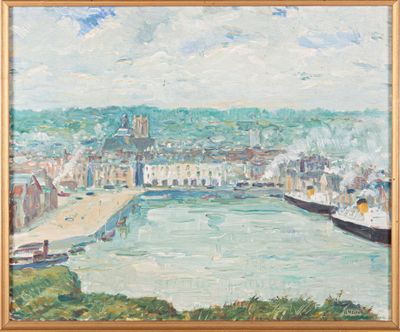 an oil painting of a view of a harbor with boats and buildings